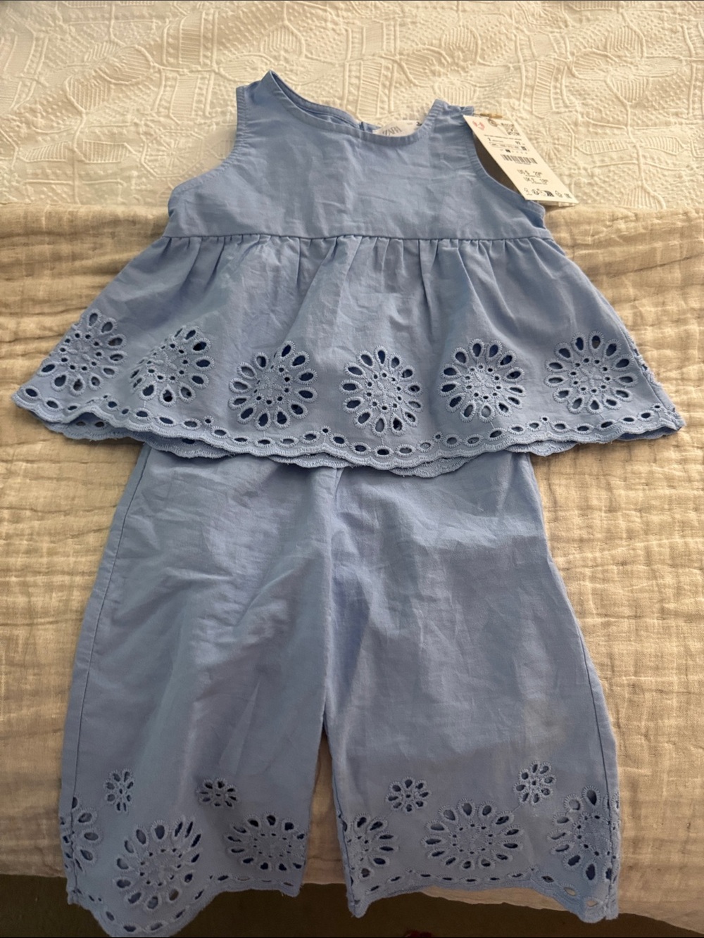 Zara Light Blue Eyelet Peplum Top and bottom.